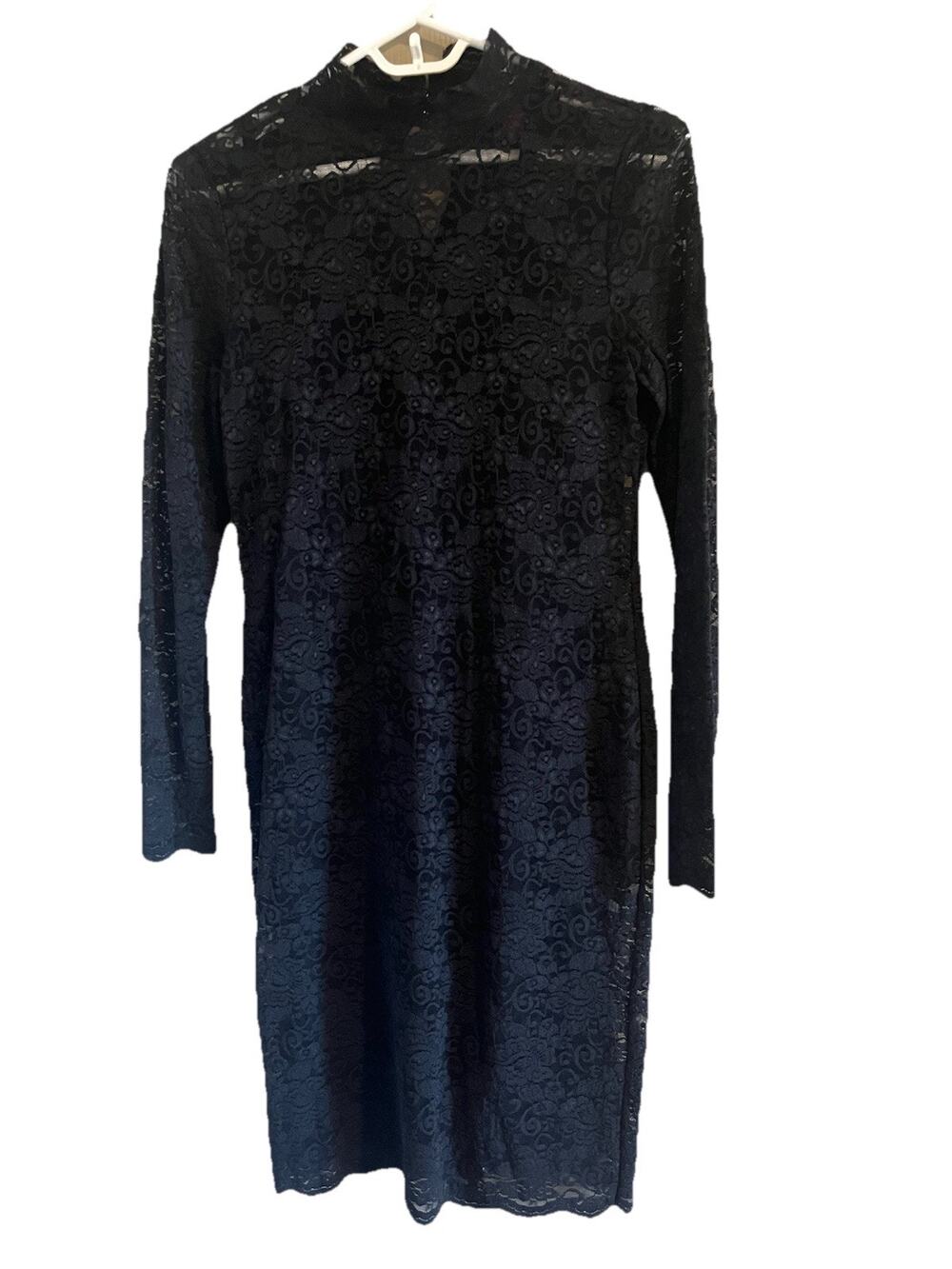 Vince Camuto Black Lace Mock Neck Bodycon Dress XS Long Sleeve Sheer Overlay